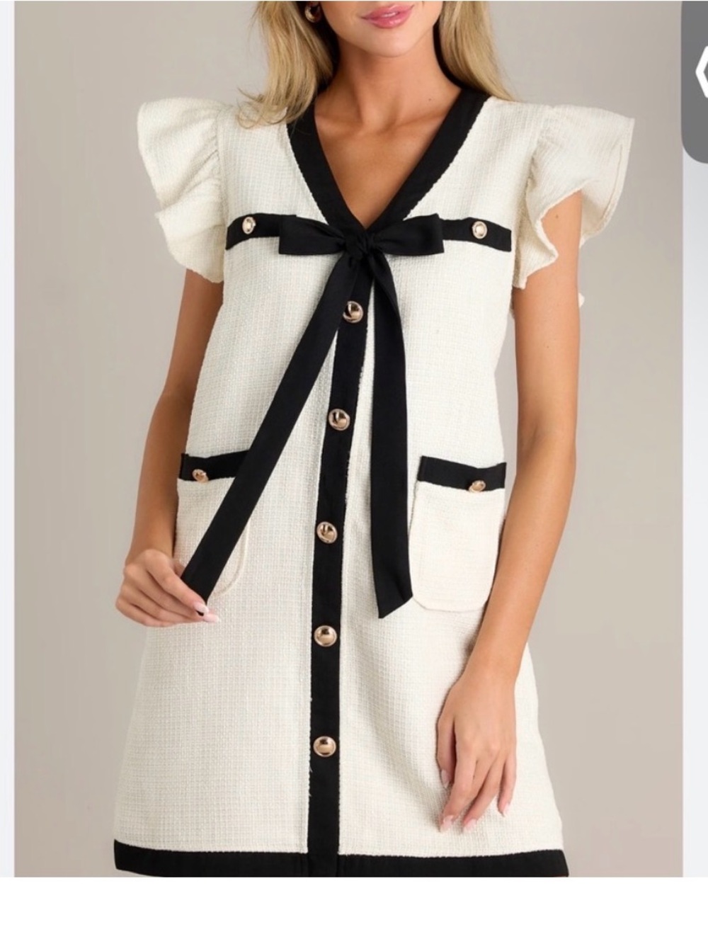 Voy Cream Mini Dress with Black Trim and Bow-Tie Front